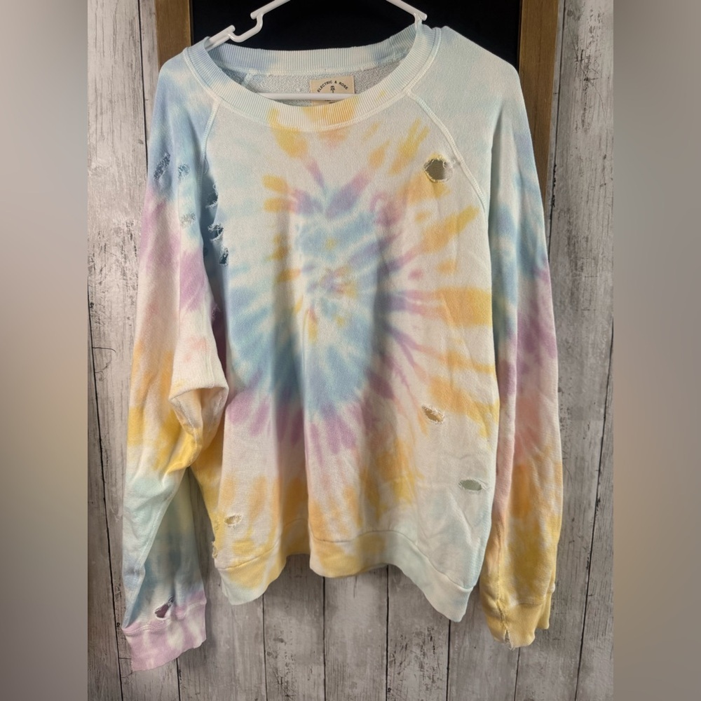Electric & Rose Women’s Tie Dye Sweatshirt Blue Pink Yellow White Distressed XL